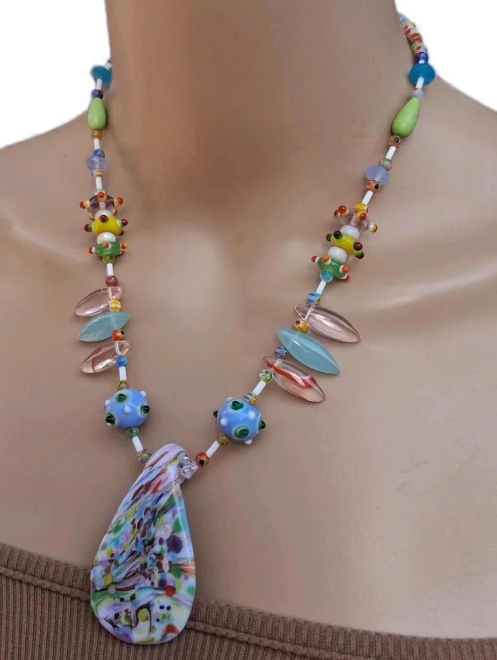 Vintage Art Glass Teardrop Pendant Necklace Sterling Silver 925 Clasp
